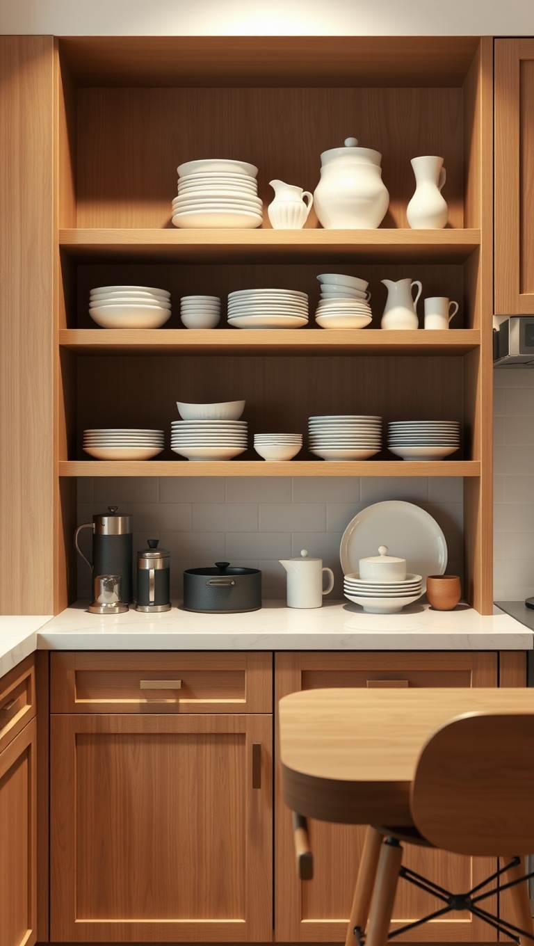 25 Aesthetic Kitchen & Dining Corners That Will Inspire You - 6. Open Shelves Filled with Dinnerware