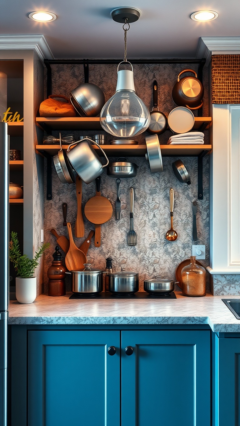 25 Aesthetic Kitchen & Dining Corners That Will Inspire You - 24. Fun and Functional Pot Racks