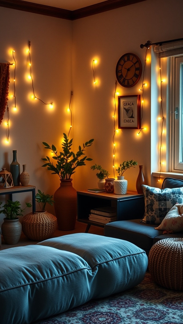 25 Boho-Inspired Living Room Corners That Will Make You Smile - 11. Twinkling Fairy Lights for Atmosphere