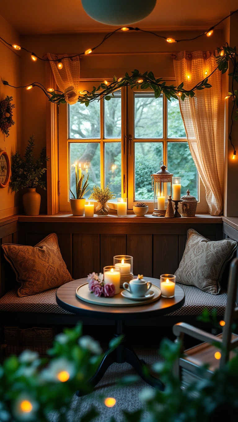 25 Charming Ideas to Create Your Perfect Cottagecore Tea Nook - 4. Fairy Lights and Candles: Create a Magical Glow