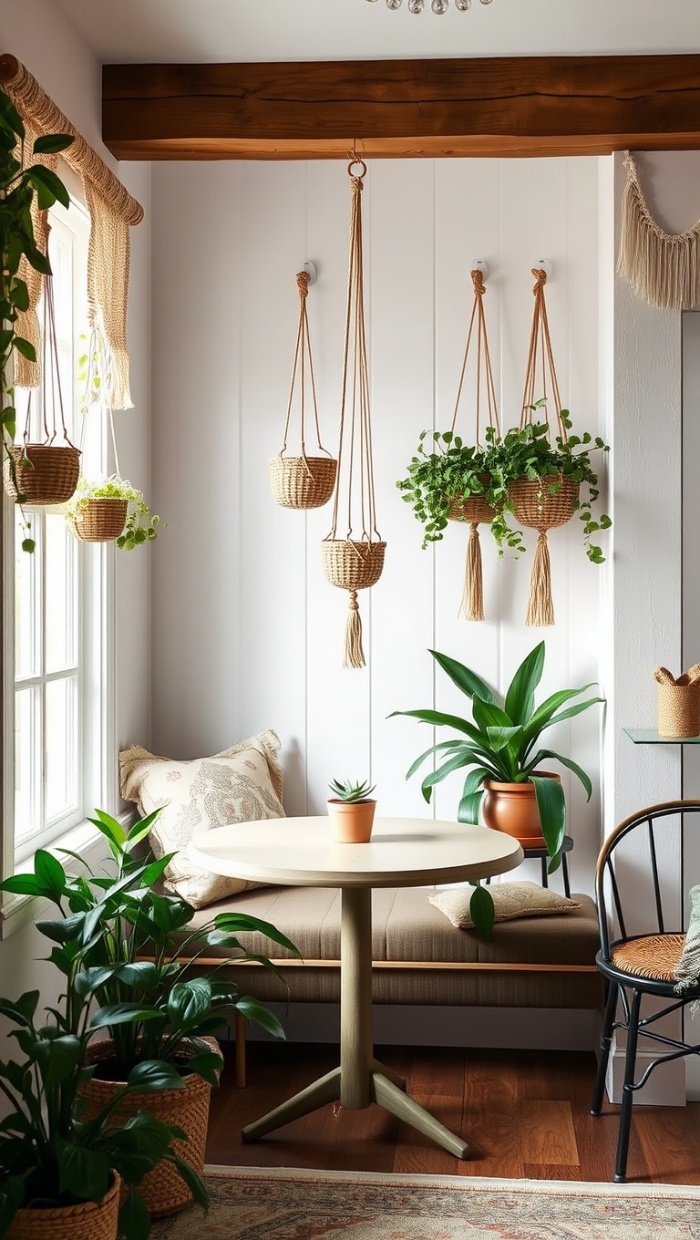 25 Charming Ideas to Create Your Perfect Cottagecore Tea Nook - 13. Macramé Plant Hangers: Add Some Vertical Interest