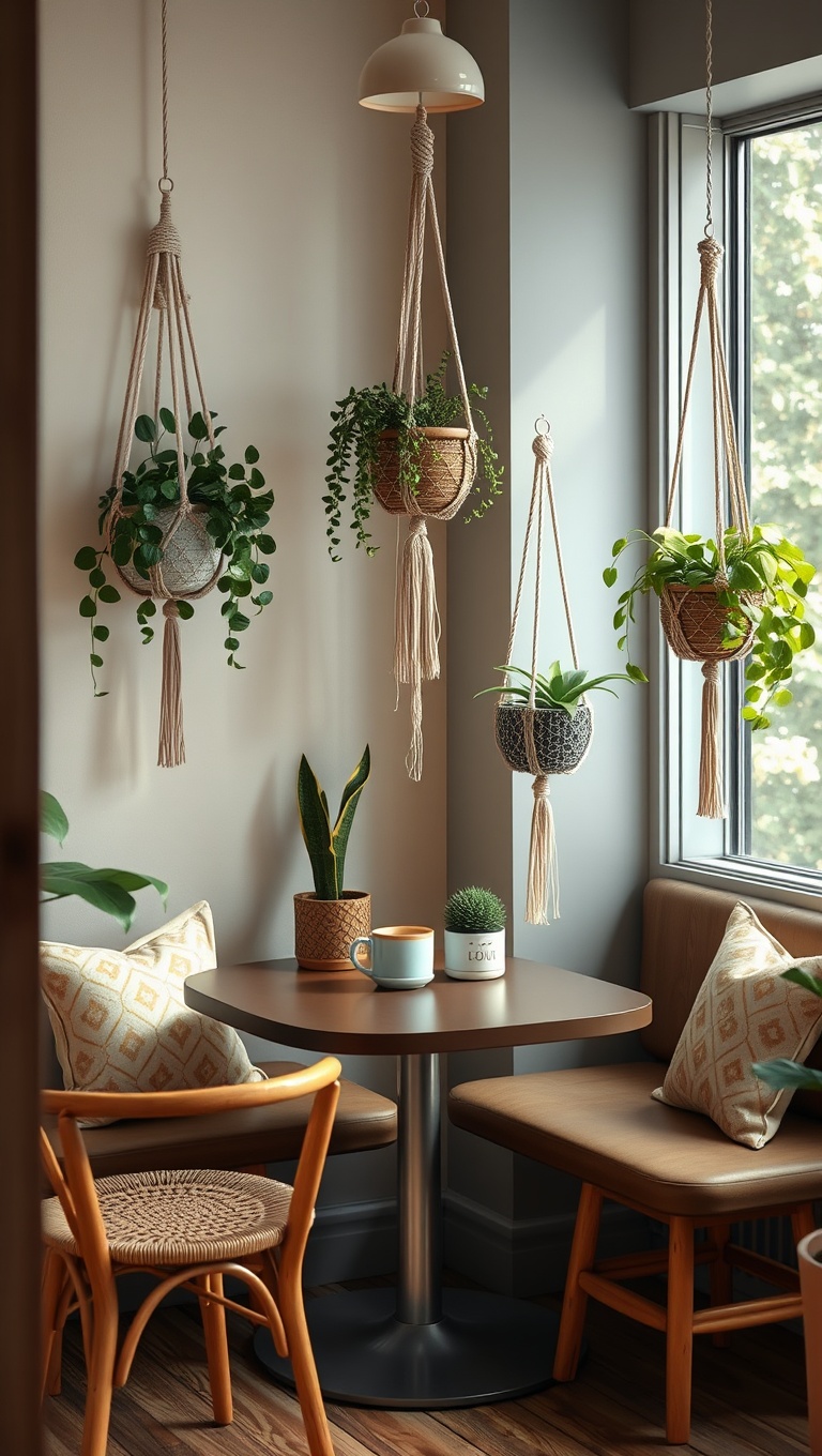 25 Chic Boho-Style Coffee Nook Ideas to Brighten Your Space - 21. Macrame Plant Hangers for Vertical Interest