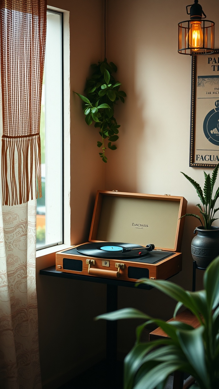 25 Chic Boho-Style Coffee Nook Ideas to Brighten Your Space - 20. A Retro Record Player for Playlist Perfection