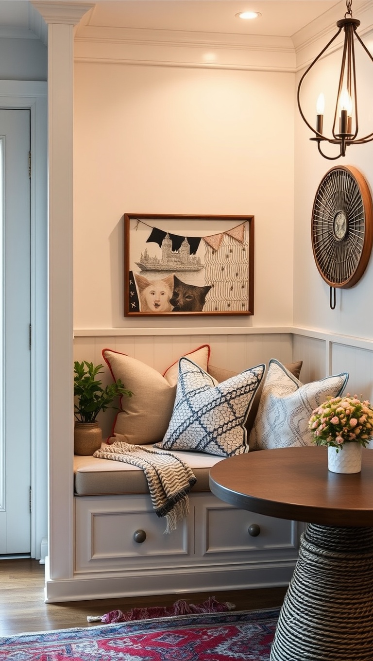 25 Chic Boho-Style Coffee Nook Ideas to Brighten Your Space - 17. A Built-in Bench with Soft Pillows