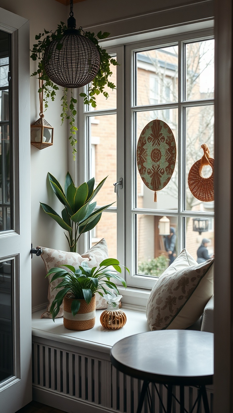 25 Chic Boho-Style Coffee Nook Ideas to Brighten Your Space - 13. A Cozy Window Seat for Morning Moments