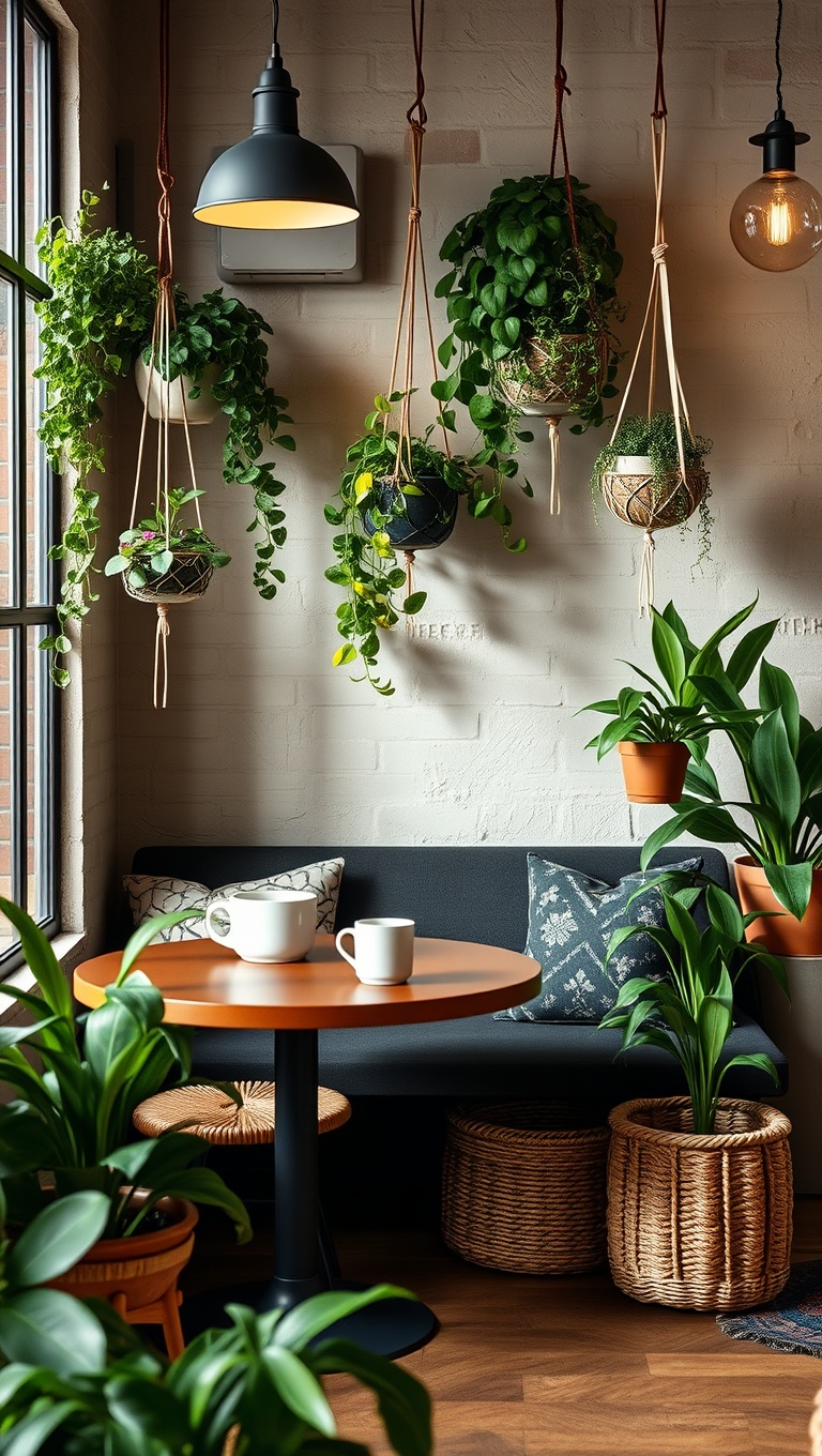 25 Chic Boho-Style Coffee Nook Ideas to Brighten Your Space - 18. Whimsical Plants in Hanging Planters