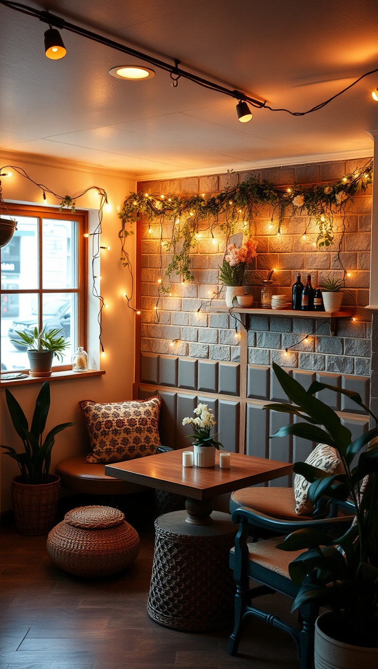 25 Chic Boho-Style Coffee Nook Ideas to Brighten Your Space - 6. Dreamy Fairy Lights for a Magical Glow