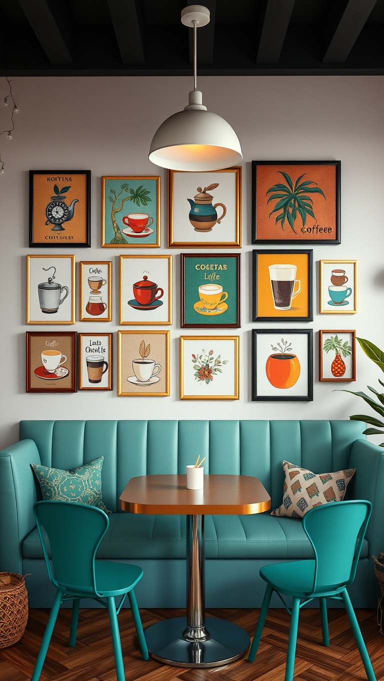 25 Chic Boho-Style Coffee Nook Ideas to Brighten Your Space - 7. A Colorful Gallery Wall of Coffee Art