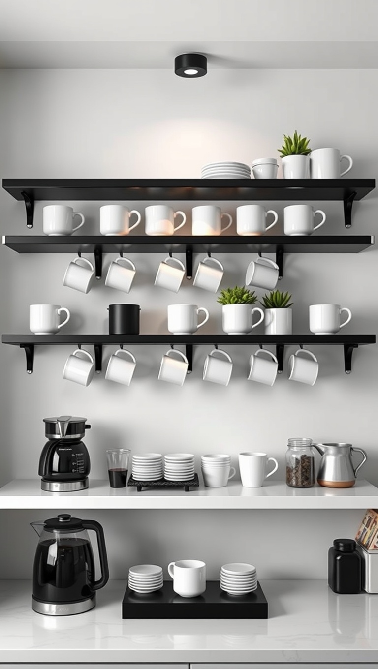 25 Chic Monochrome Coffee Station Setups You’ll Love! - 23. Stylish Mugs Display on Floating Shelves