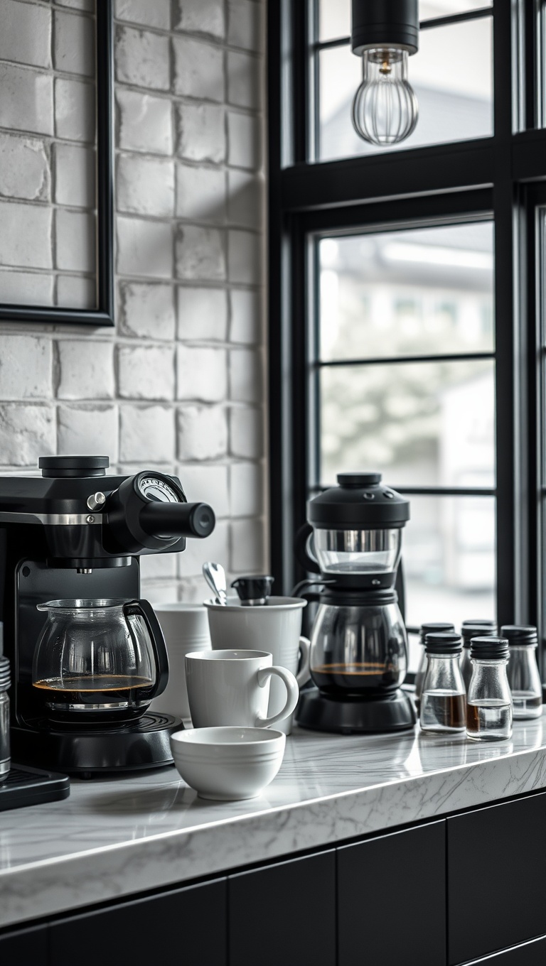 25 Chic Monochrome Coffee Station Setups You’ll Love! - 6. Industrial Style with Black Metal