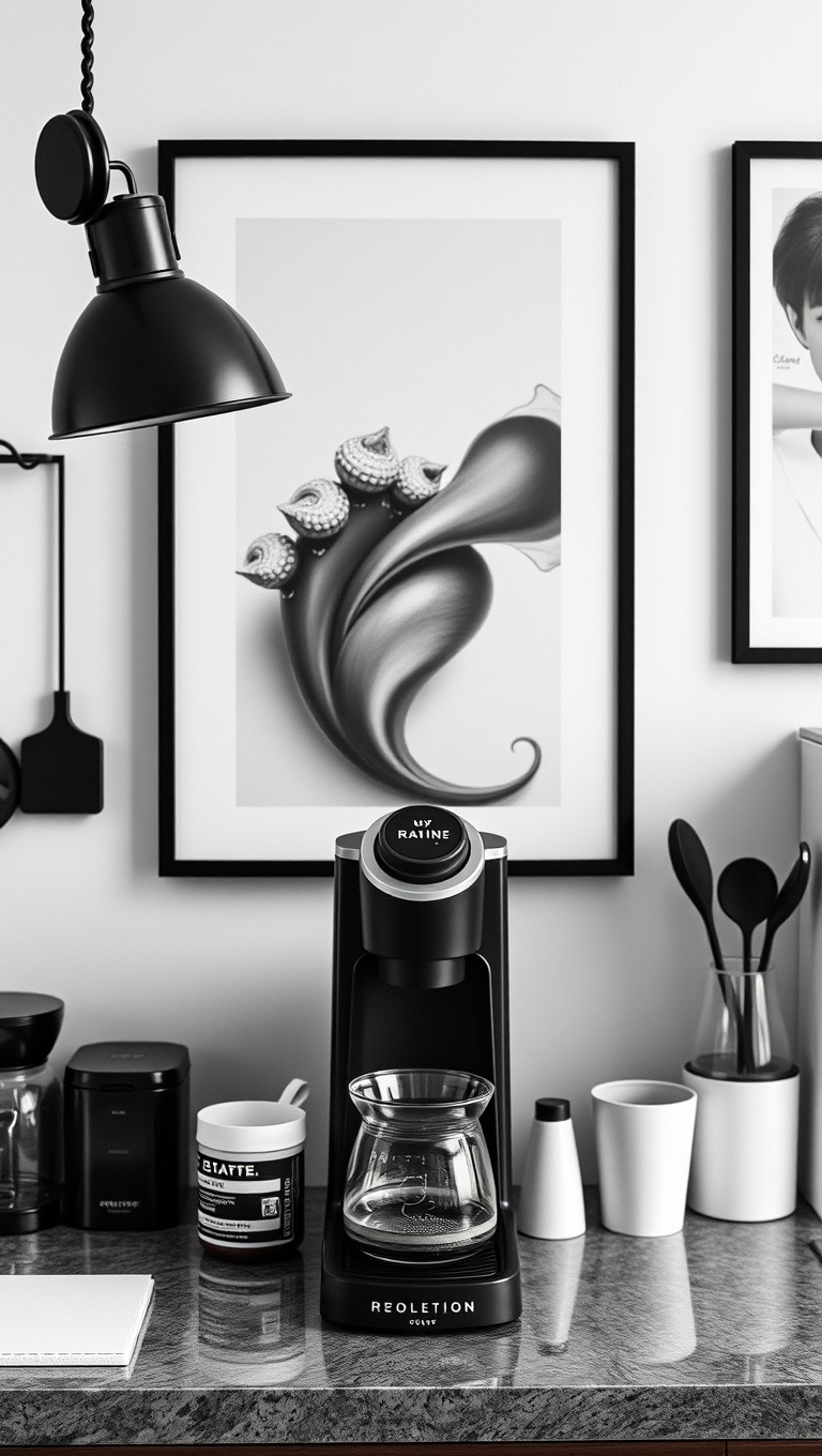 25 Chic Monochrome Coffee Station Setups You’ll Love! - 13. Monochrome Art Display Above Your Station