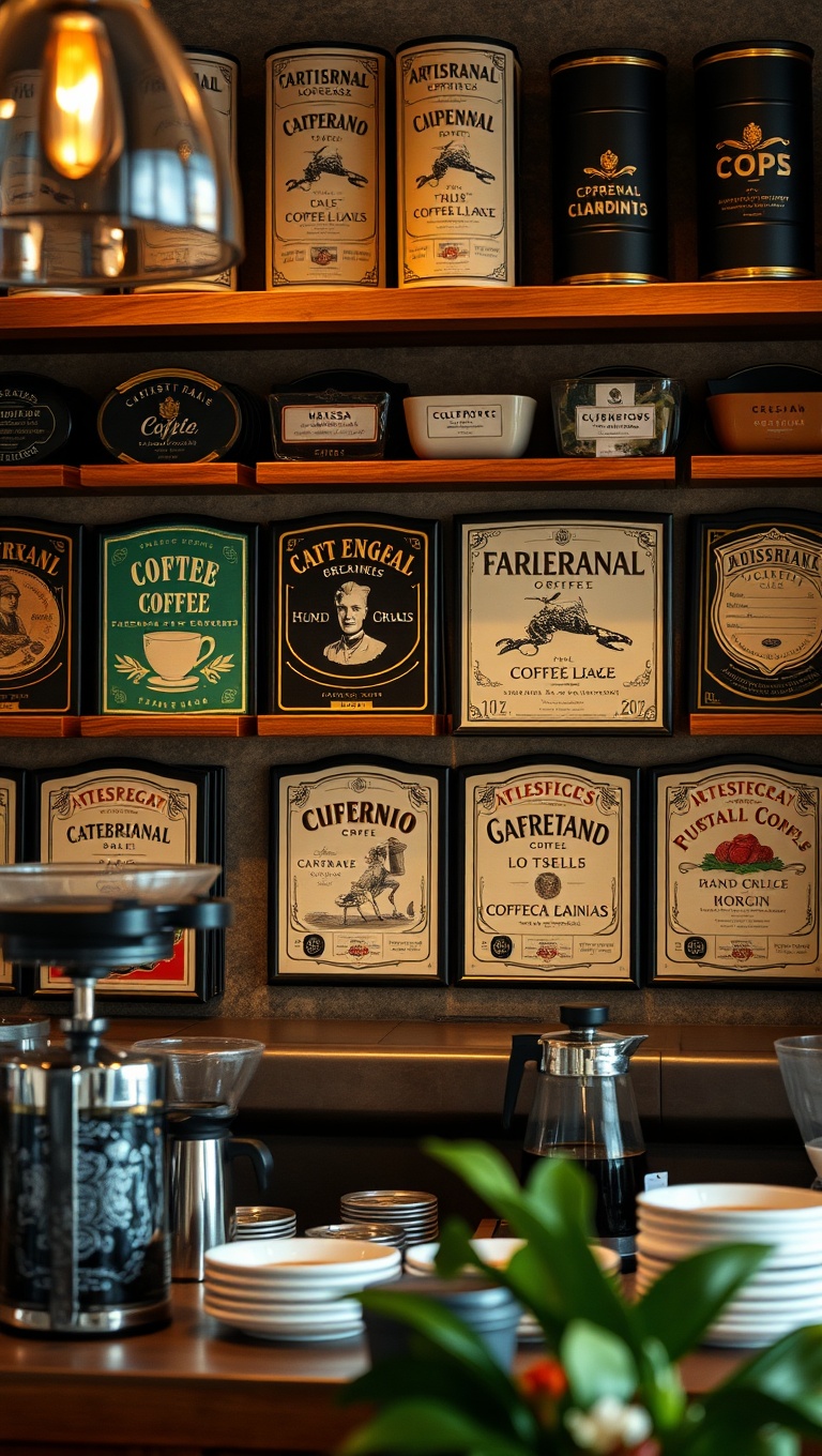 25 Charming Ideas for Your Classic Italian Espresso Bar - 23. Artisanal Coffee Blend Labels as Decor