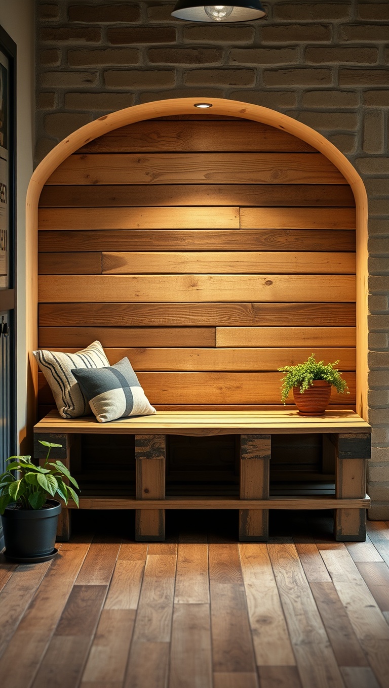 25 Cozy Alcove Seating Ideas for Your Small Space That You’ll Love - 10. Rustic Pallet Bench