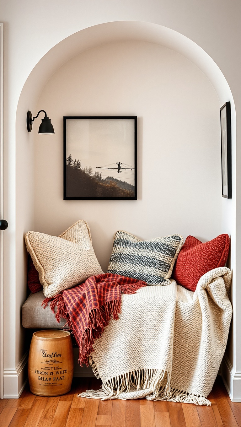 25 Cozy Alcove Seating Ideas for Your Small Space That You’ll Love - 7. Soft Throw Blankets for Warmth