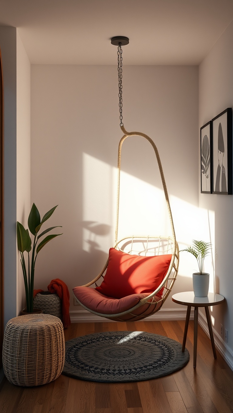 25 Cozy Alcove Seating Ideas for Your Small Space That You’ll Love - 5. Hanging Chair for a Fun Twist