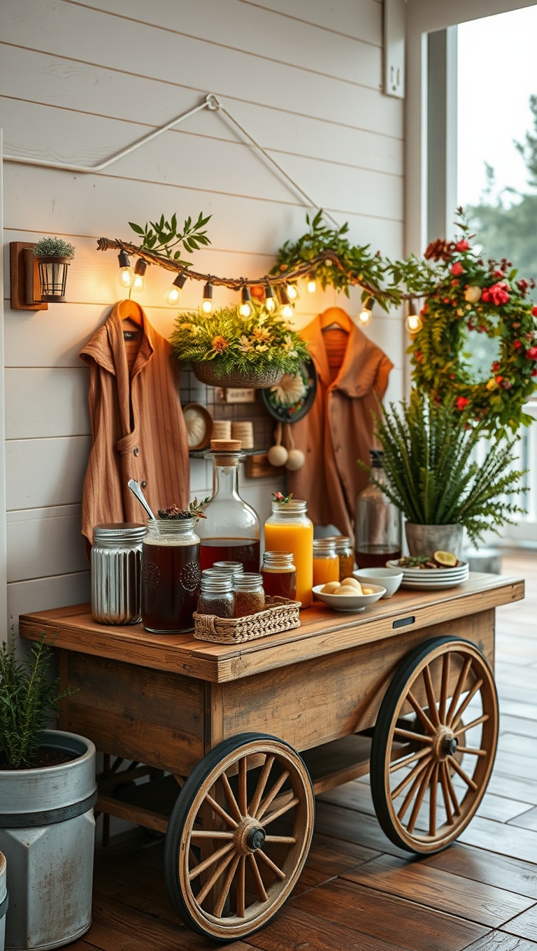 25 Cozy Farmhouse Beverage Station Ideas to Warm Your Heart - Rustic Wooden Cart Delight