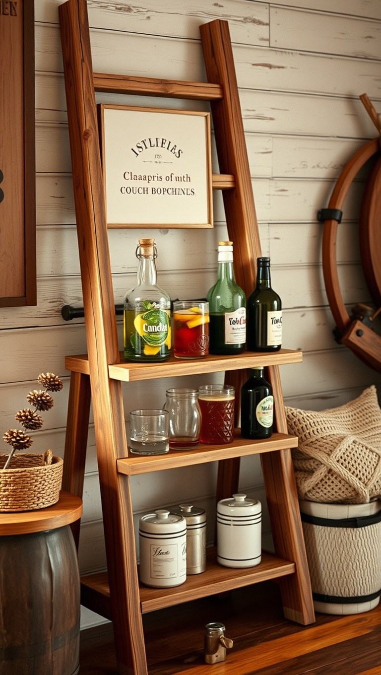 25 Cozy Farmhouse Beverage Station Ideas to Warm Your Heart - Repurposed Ladder Drink Stand
