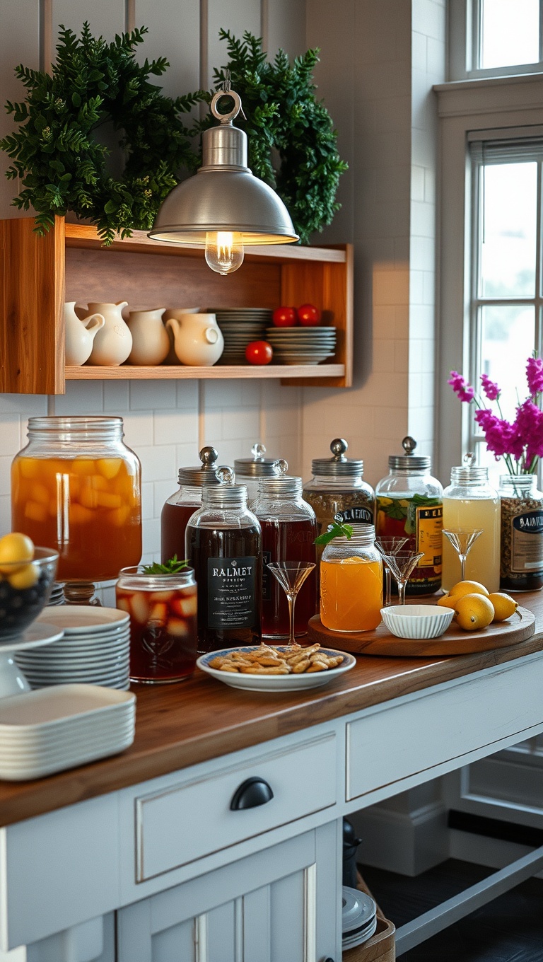 25 Cozy Farmhouse Beverage Station Ideas to Warm Your Heart - Buffet Table Beverage Setup