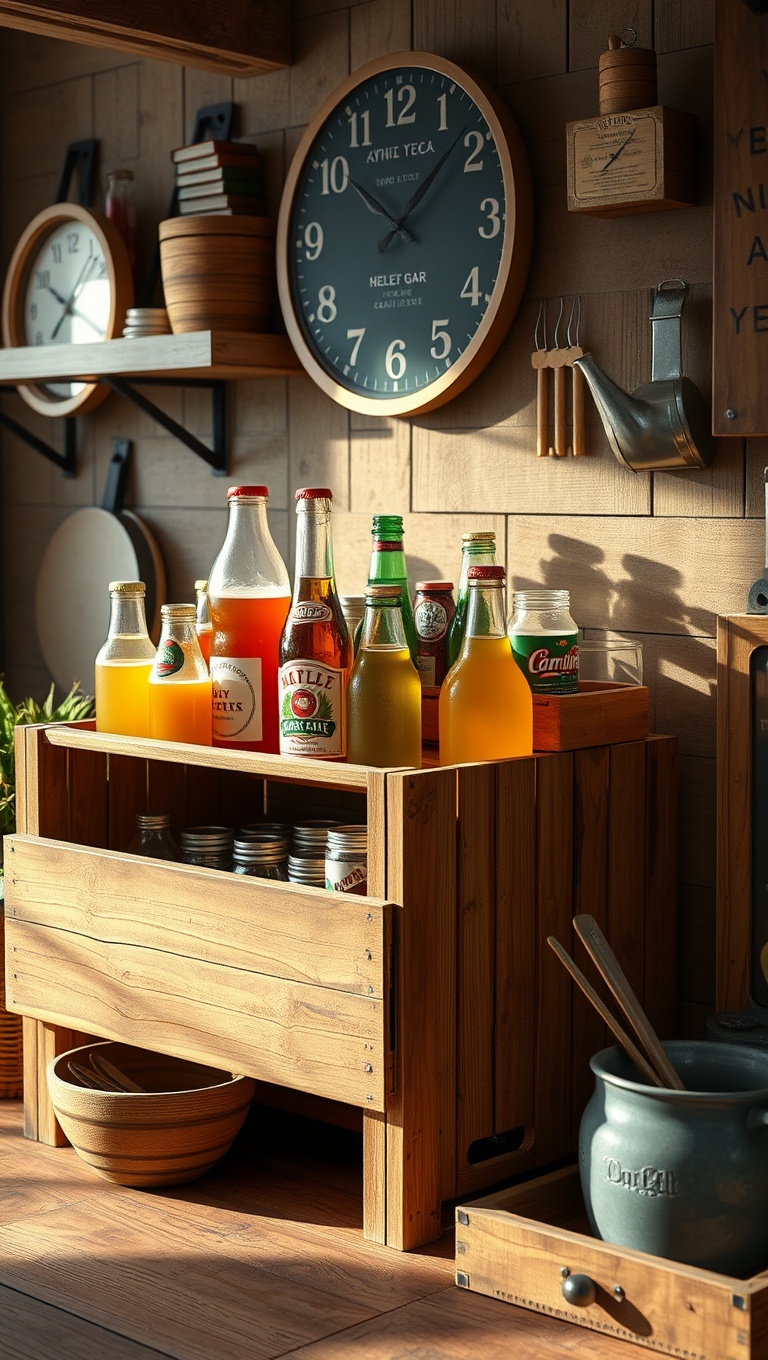 25 Cozy Farmhouse Beverage Station Ideas to Warm Your Heart - Vintage Crate Beverage Display