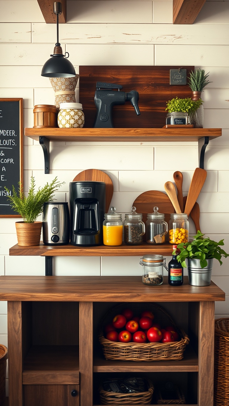 25 Cozy Farmhouse Beverage Station Ideas to Warm Your Heart - Charming Farmhouse Shelf Setup
