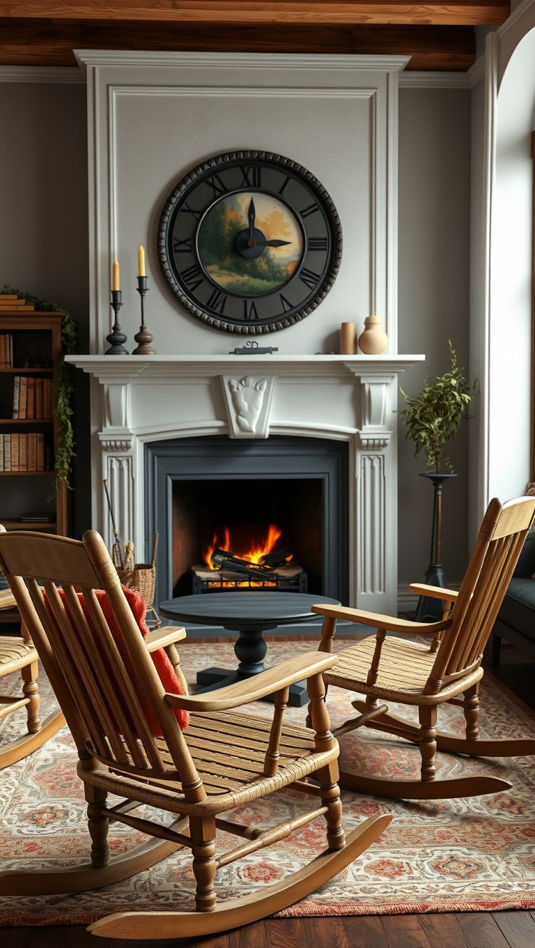 25 Cozy Fireplace Seating Area Ideas to Warm Your Home - 7. Vintage Rocking Chairs