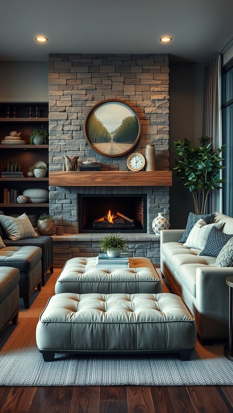 25 Cozy Fireplace Seating Area Ideas to Warm Your Home - 16. Ottoman Seating for Versatility
