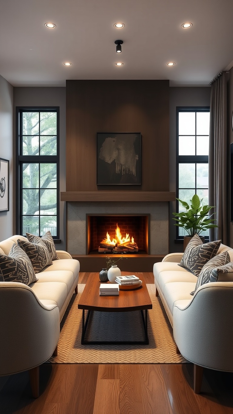 25 Cozy Fireplace Seating Area Ideas to Warm Your Home - 11. Chic Bar Stools for a Modern Touch