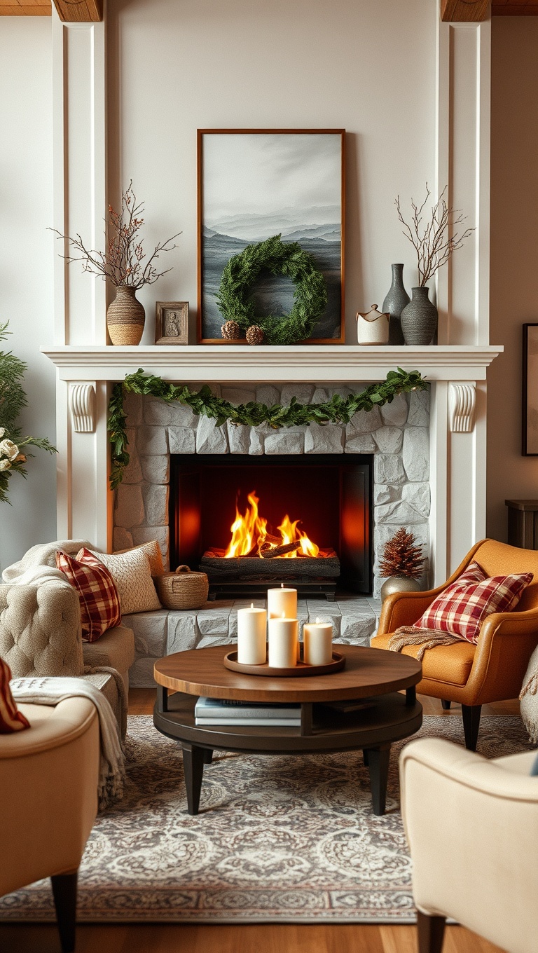 25 Cozy Fireplace Seating Area Ideas to Warm Your Home - 24. Seasonal Decor to Change with the Times