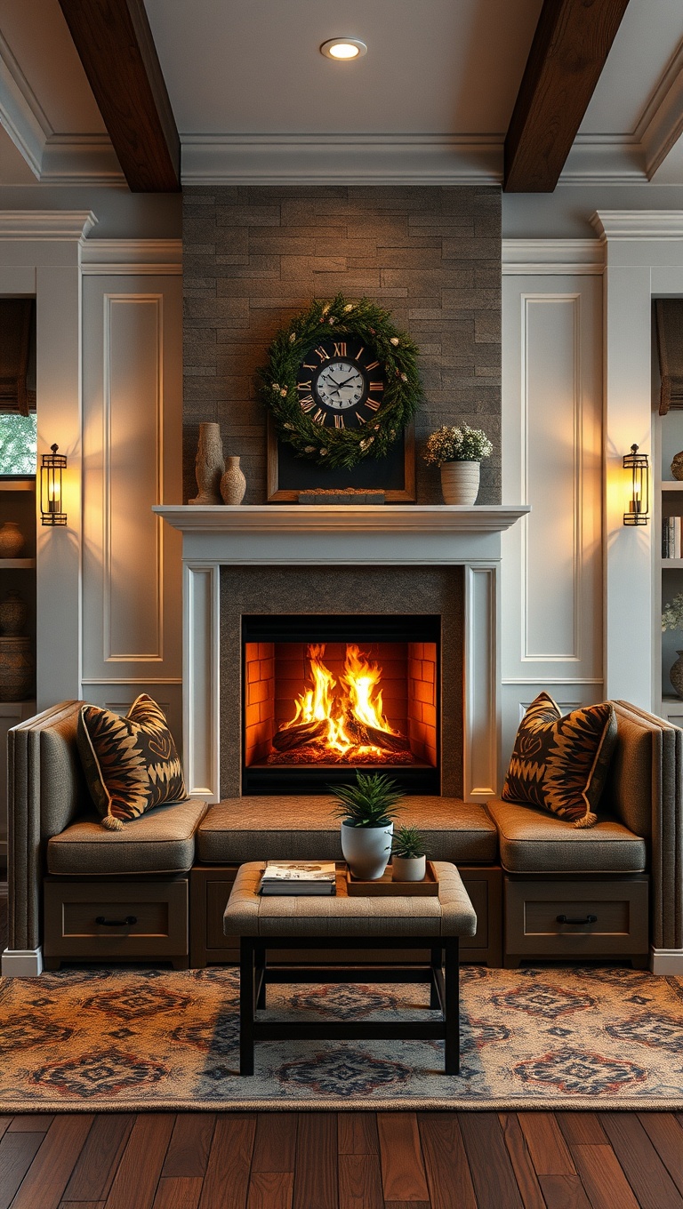 25 Cozy Fireplace Seating Area Ideas to Warm Your Home - 6. Built-in Bench with Storage