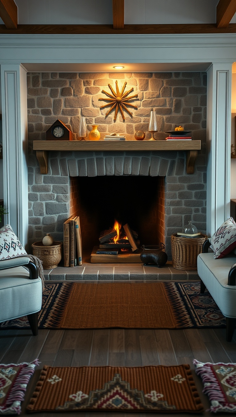 25 Cozy Fireplace Seating Area Ideas to Warm Your Home - 19. Traditional Floor Mats for Warmth