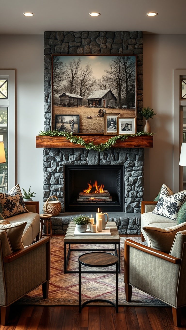 25 Cozy Fireplace Seating Area Ideas to Warm Your Home - 25. Personalized Touch with Family Photos