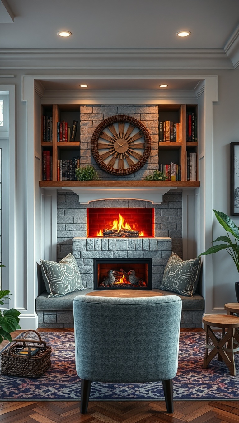 25 Cozy Fireplace Seating Area Ideas to Warm Your Home - 10. Cozy Reading Nook with Shelves