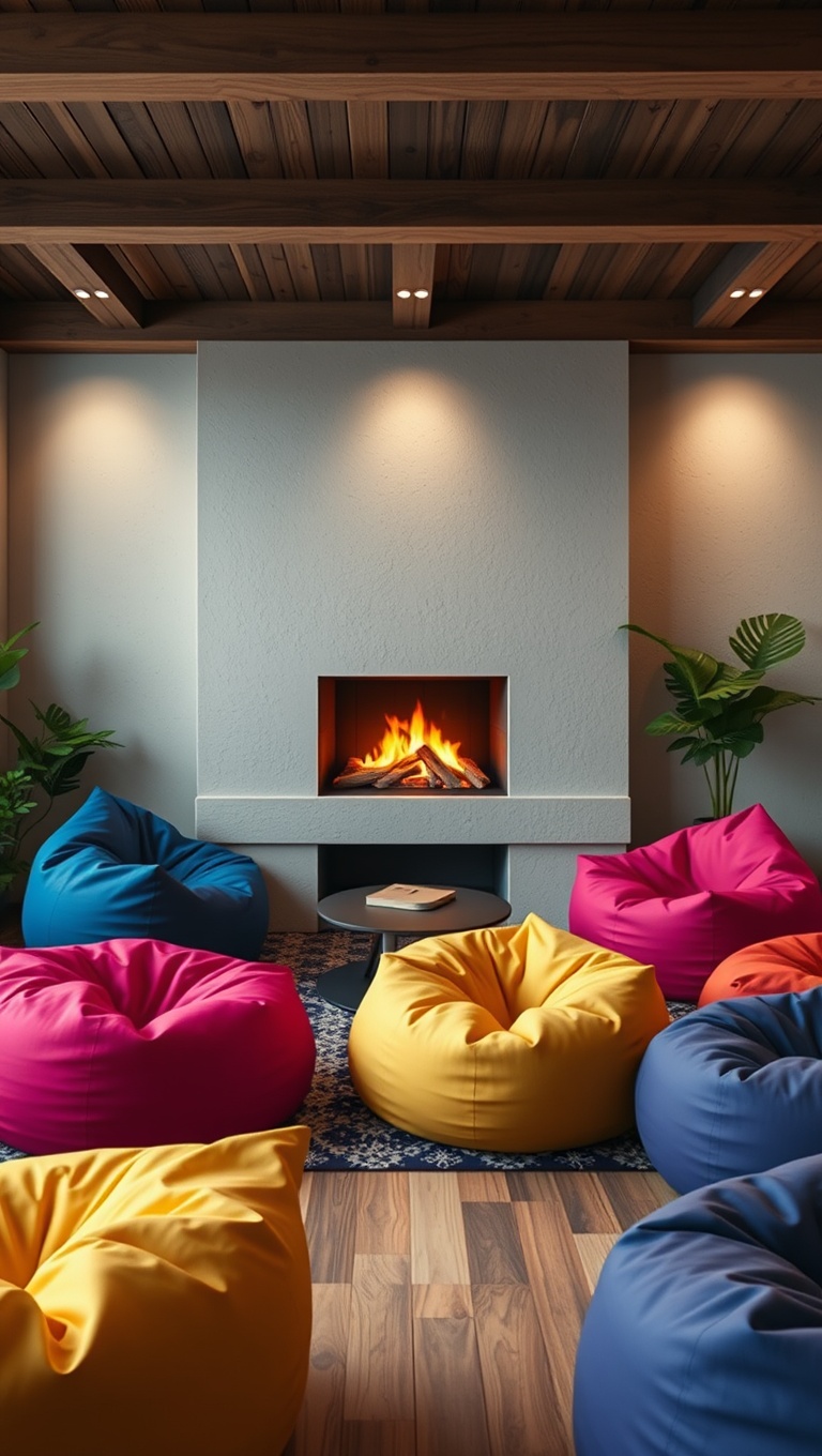 25 Cozy Fireplace Seating Area Ideas to Warm Your Home - 14. Colorful Bean Bags for a Casual Feel
