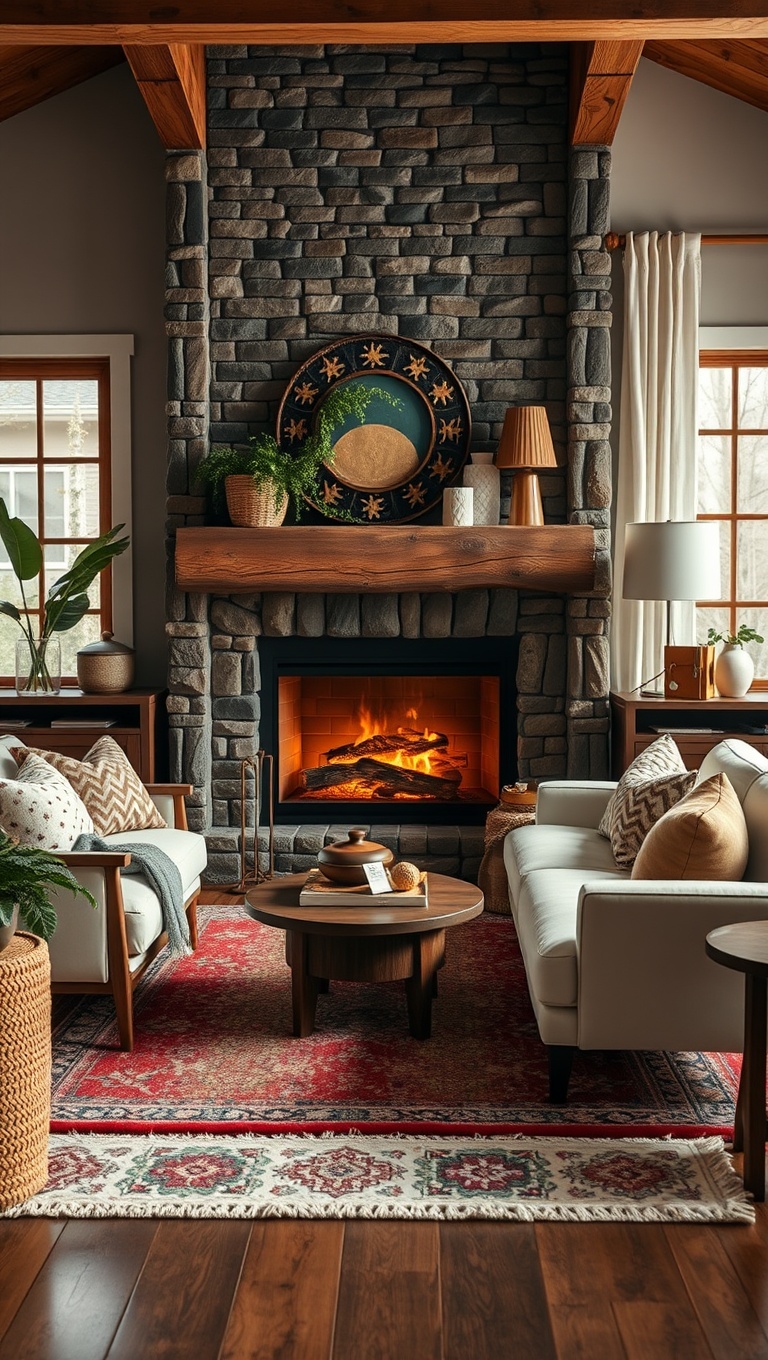 25 Cozy Fireplace Seating Area Ideas to Warm Your Home - 18. Layered Rugs to Define the Space