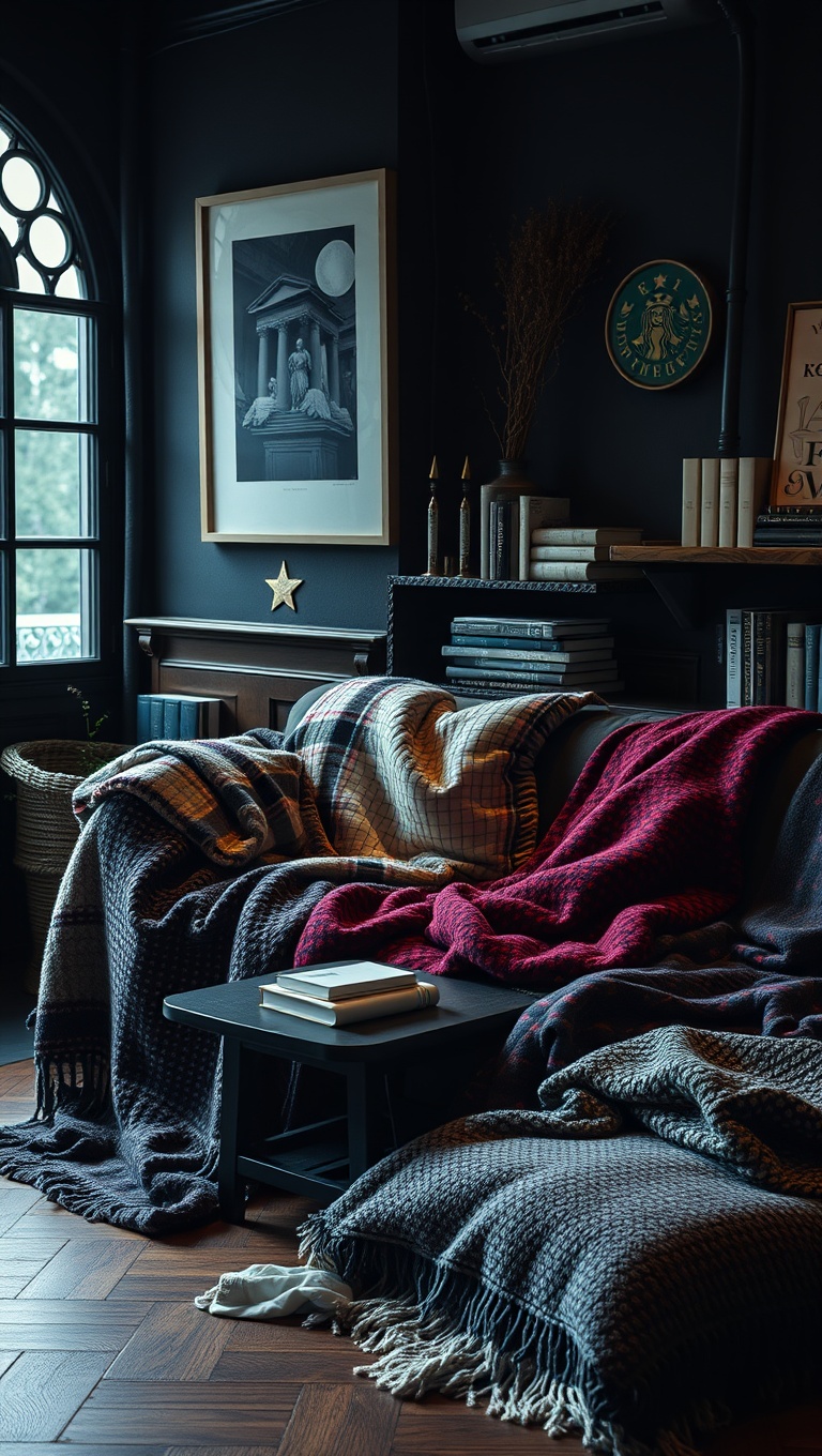 25 Enchanting Ideas for Dark Academia-Inspired Reading & Coffee Spots - 7. Cozy Blankets and Throws for Snuggling