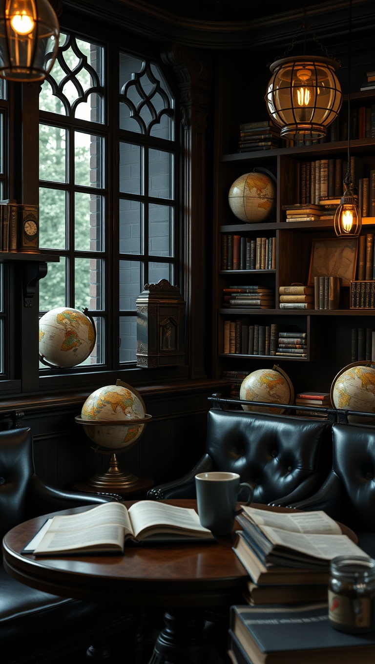 25 Enchanting Ideas for Dark Academia-Inspired Reading & Coffee Spots - 12. Antique Globes for a Wanderlust Feel