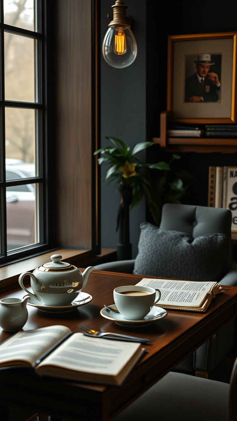 25 Enchanting Ideas for Dark Academia-Inspired Reading & Coffee Spots - 10. Elegant Tea Sets for Afternoon Reads