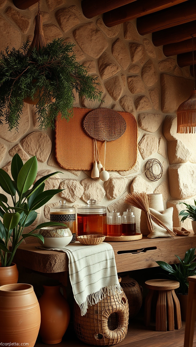 25 Stunning Ideas for Earthy Terracotta and Wood Drink Stations - Layering Textures: Combining Fabrics with Earthy Decor