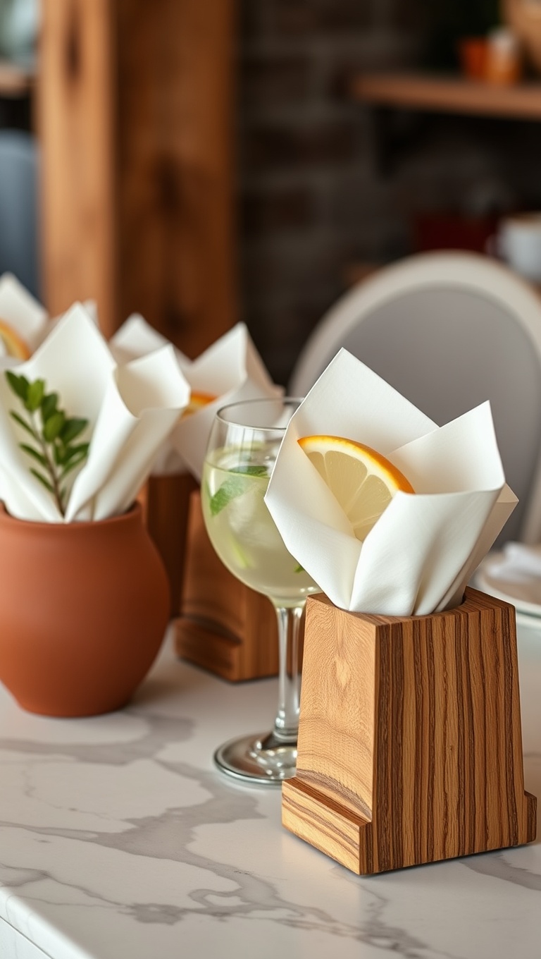 25 Stunning Ideas for Earthy Terracotta and Wood Drink Stations - 22. Stylish Napkin Holders: Adding a Touch of Flair
