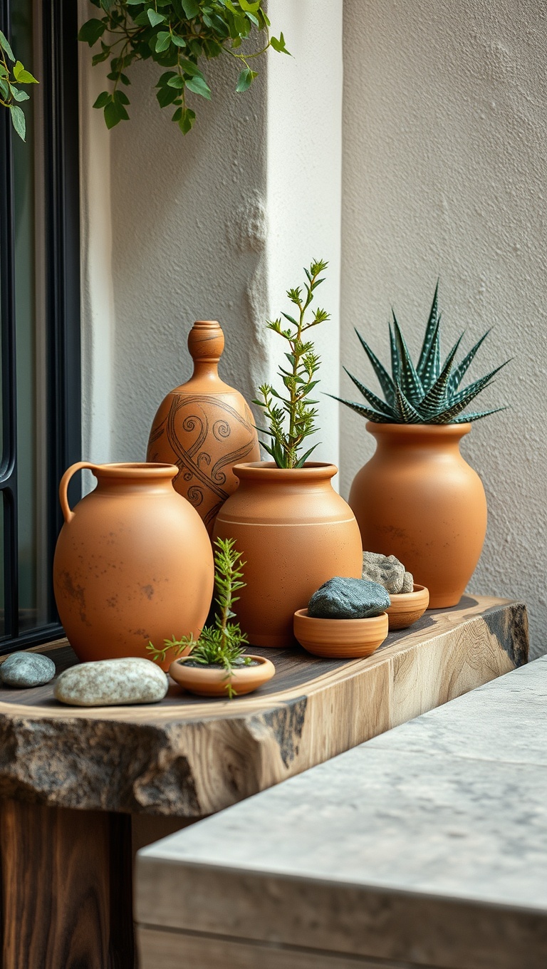 25 Stunning Ideas for Earthy Terracotta and Wood Drink Stations - 21. Natural Elements: Incorporating Stones and Plants