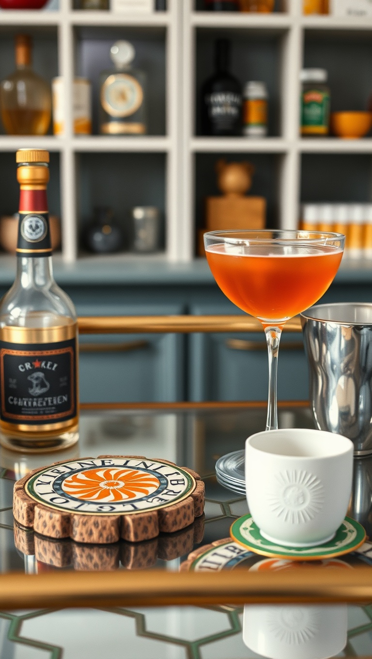25 Fun and Fabulous Eclectic Vintage Bar Cart Styling Ideas - 4. Quirky Coasters: Personality Under Your Drinks