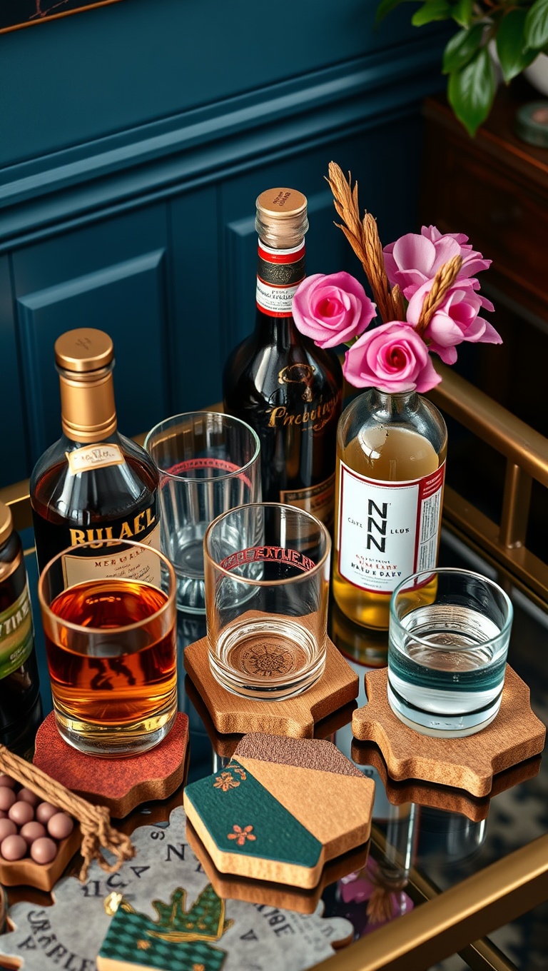 25 Fun and Fabulous Eclectic Vintage Bar Cart Styling Ideas - 22. Playful Puzzle Coasters: Interactive Fun