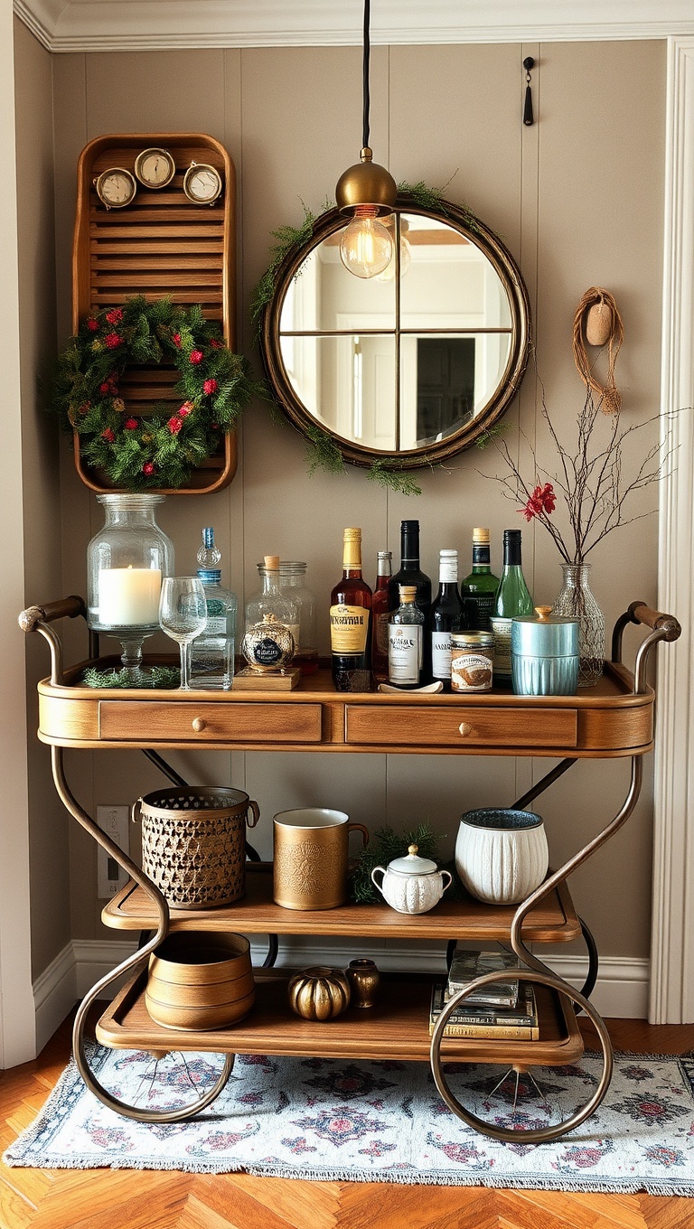 25 Fun and Fabulous Eclectic Vintage Bar Cart Styling Ideas - 17. Seasonal Decor: Celebrate with Style
