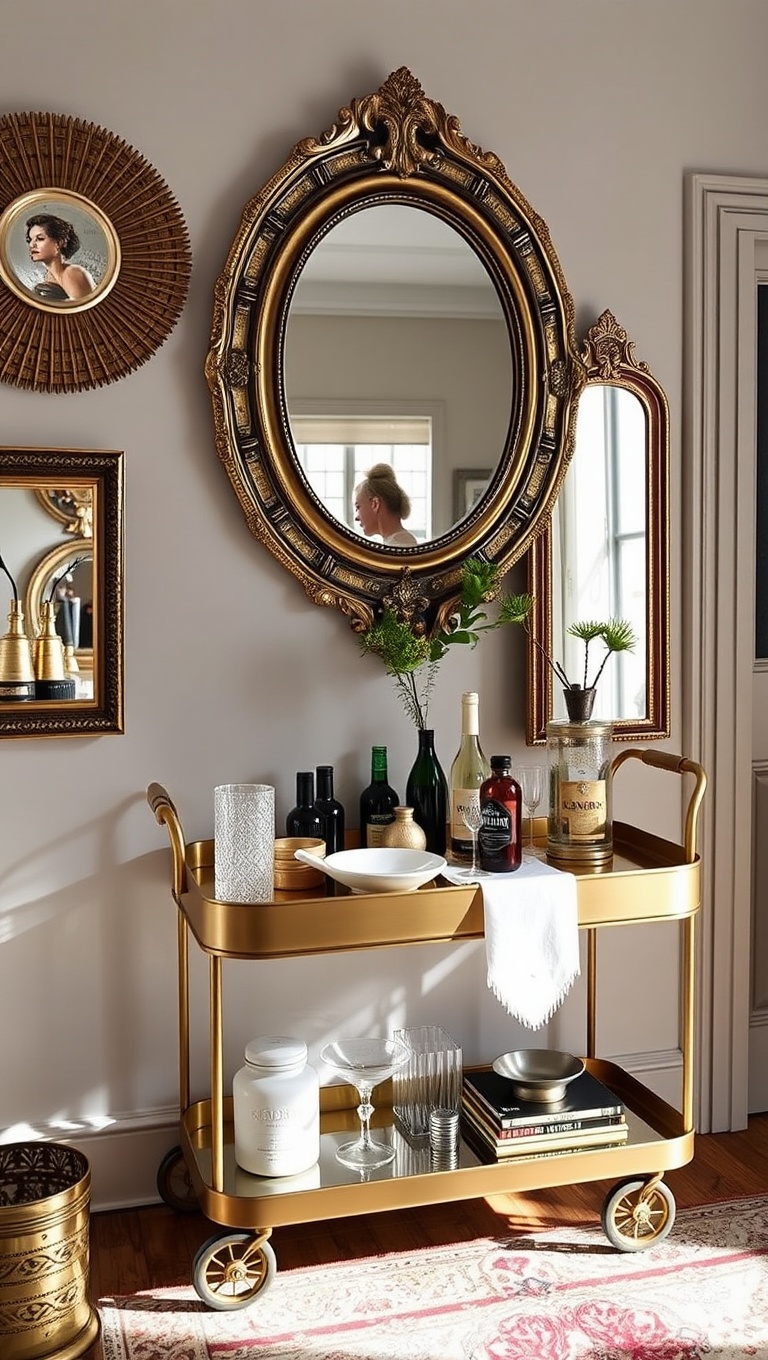 25 Fun and Fabulous Eclectic Vintage Bar Cart Styling Ideas - 15. Statement Mirrors: Reflect Your Style