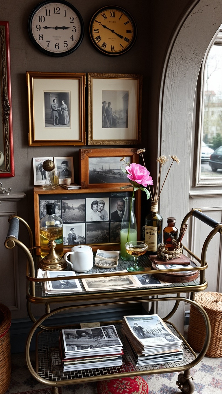 25 Fun and Fabulous Eclectic Vintage Bar Cart Styling Ideas - 19. Vintage Postcards: A Window to the Past
