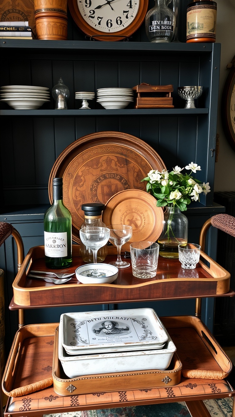 25 Fun and Fabulous Eclectic Vintage Bar Cart Styling Ideas - 5. Antique Trays: Layering with Style