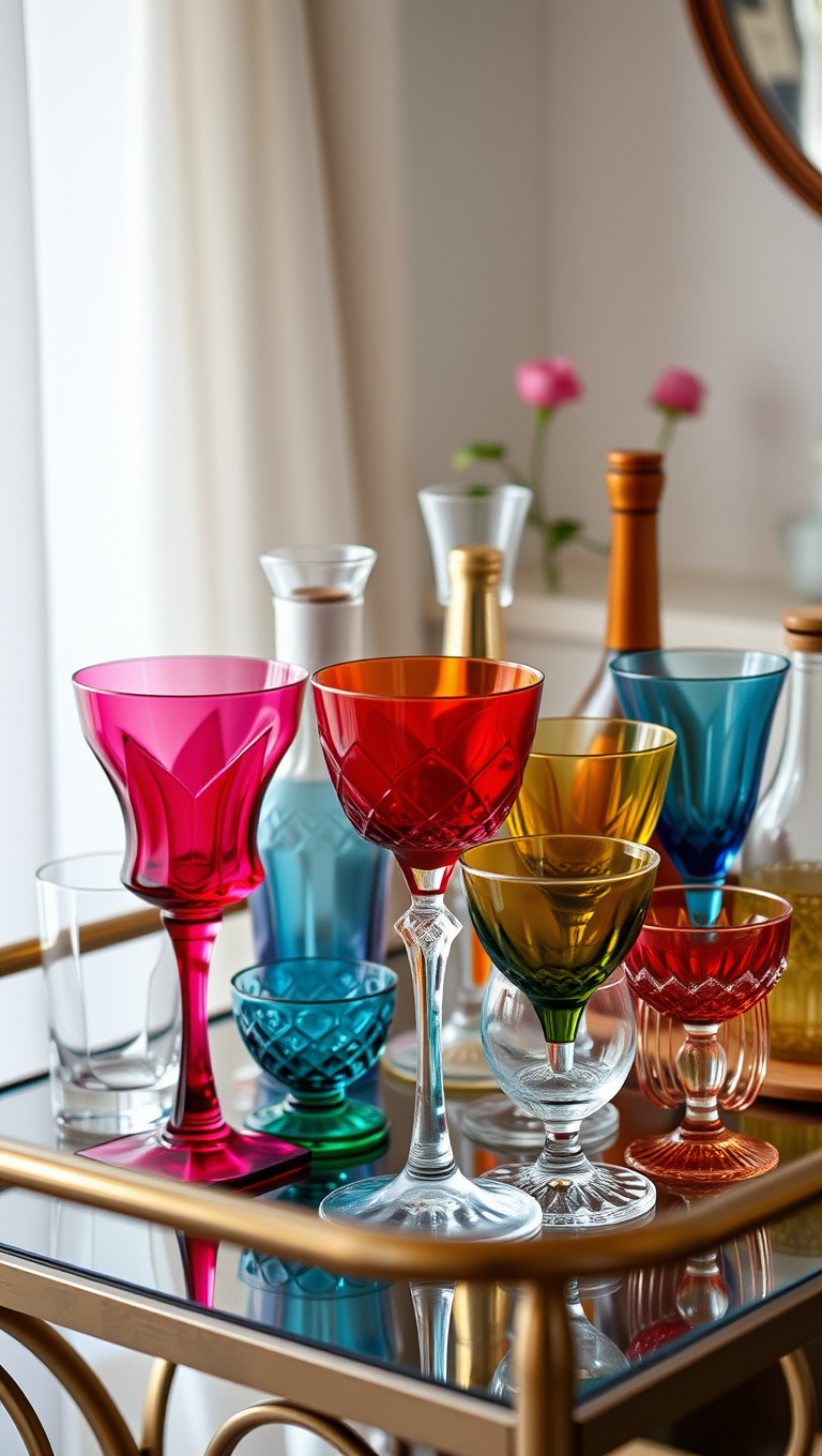 25 Fun and Fabulous Eclectic Vintage Bar Cart Styling Ideas - 1. Mix and Match Glassware: A Colorful Collection