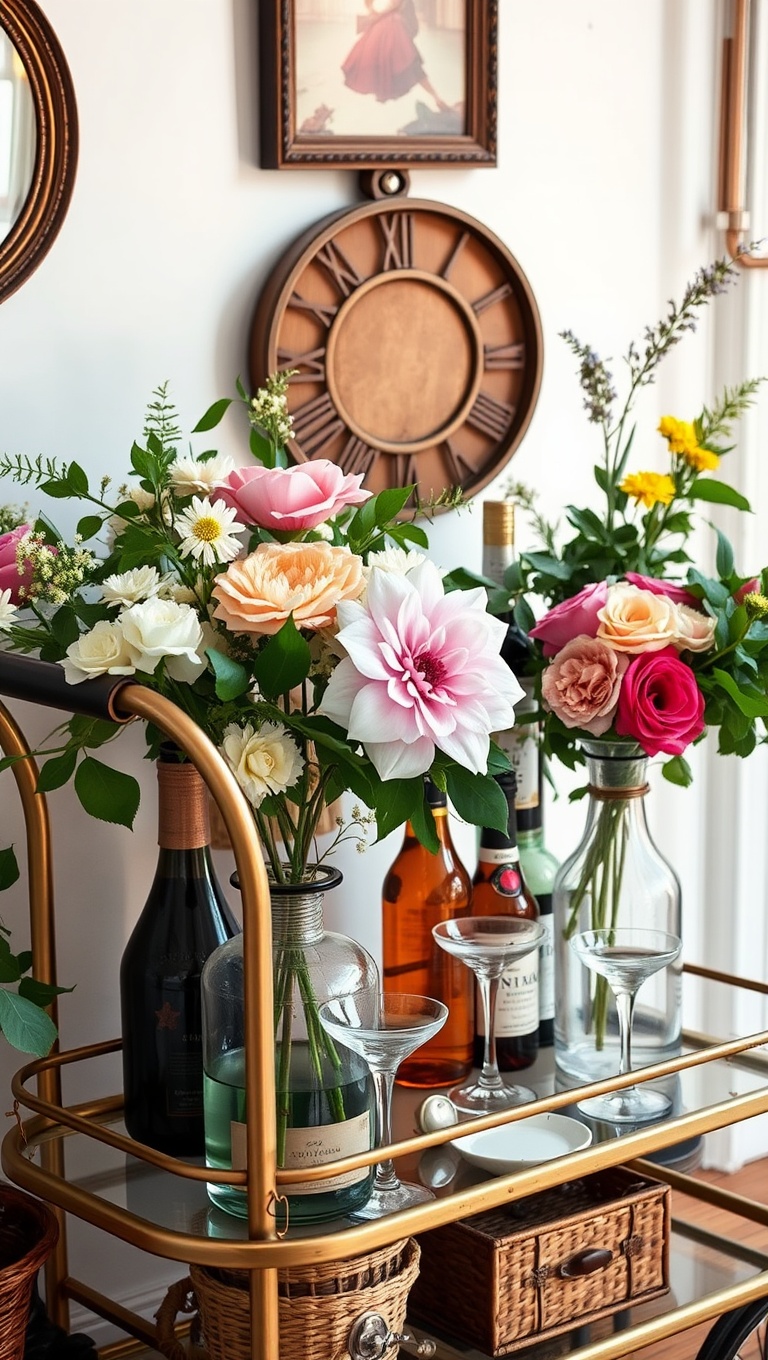 25 Fun and Fabulous Eclectic Vintage Bar Cart Styling Ideas - 12. Floral Arrangements: Freshen Up Your Setup