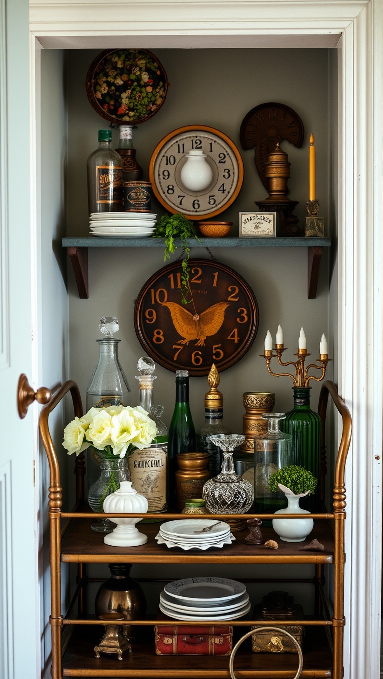 25 Fun and Fabulous Eclectic Vintage Bar Cart Styling Ideas - 25. Vintage Finds: Treasure Hunt for Unique Pieces