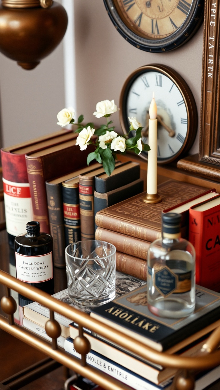 25 Fun and Fabulous Eclectic Vintage Bar Cart Styling Ideas - 13. Vintage Books: Add Some Literary Flair